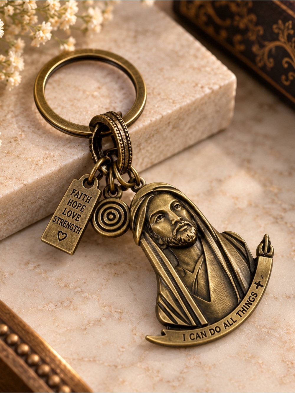 Faith-Inspired Bronze Keychain with 'I Can Do All Things' Charm